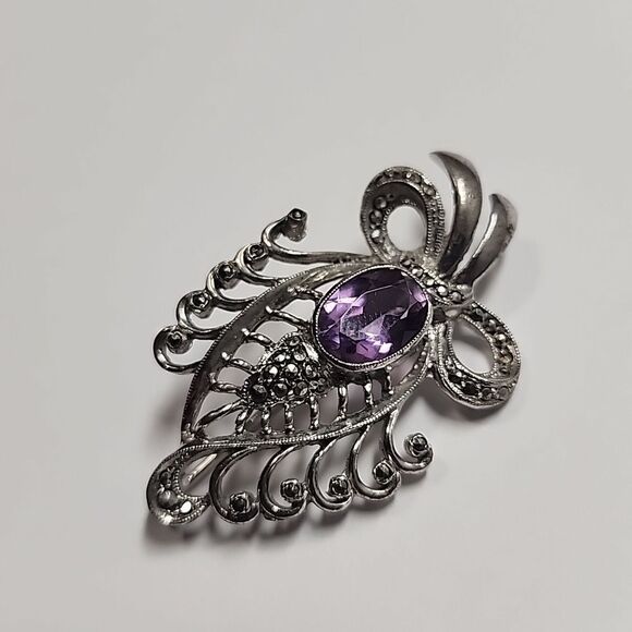 Sterling Silver Purple Amethyst Vintage Brooch - Picture 2 of 4